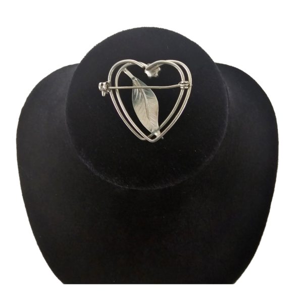 Vintage Silver Tone Wire Heart Single Leaf & Blue Bead Pin Brooch - Image 3