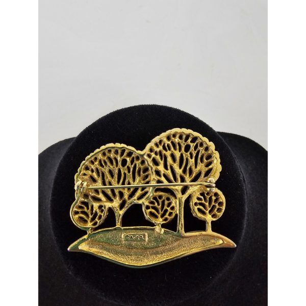 Vintage AJC Signed White Enamel Glitter Snowy & Goldtone Filigree Trees Pin Brooch - Image 3