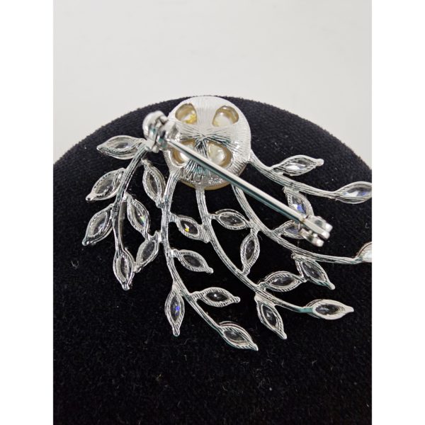 Vintage MJ 925 Sterling Silver Crystal Rhinestone Spray & Pearl Brooch - Image 4