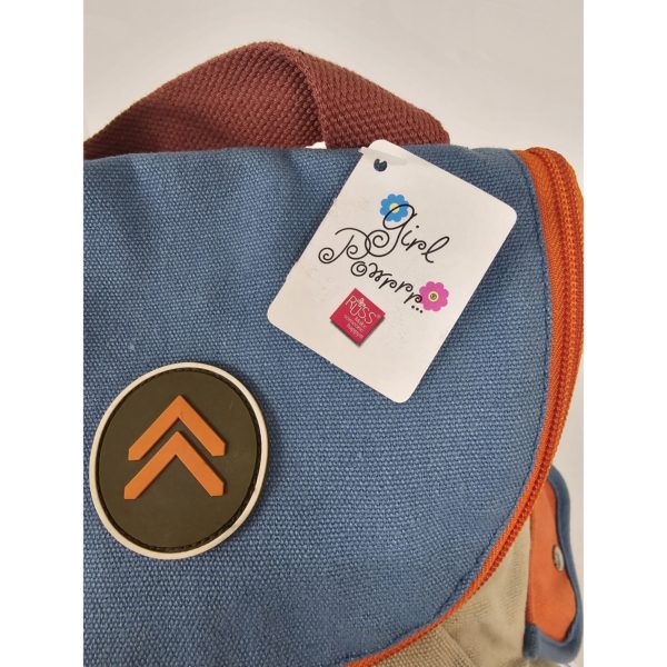 RARE Vintage Russ Berrie Girl Power Cotton Backpack 13 x 8 x 5.5 Khaki/Orange/Blue - Image 5
