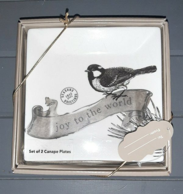 St. Nicholas Square Bird Chickadee Canape Plates Joy To The World Set Of 2